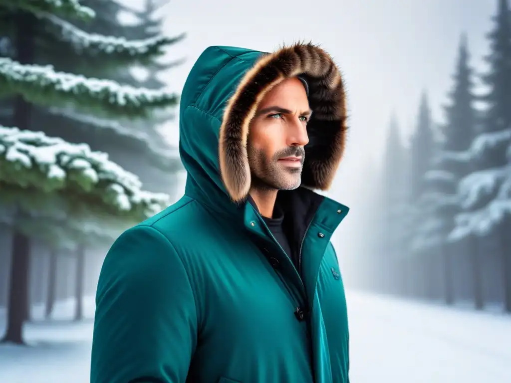 Abrigo de invierno vegano de diseño moderno y elegante en la nieve Compra abrigos veganos invierno: Abrigo moderno y elegante con detalles de costura y piel sintética en la capucha, perfecto para el frío