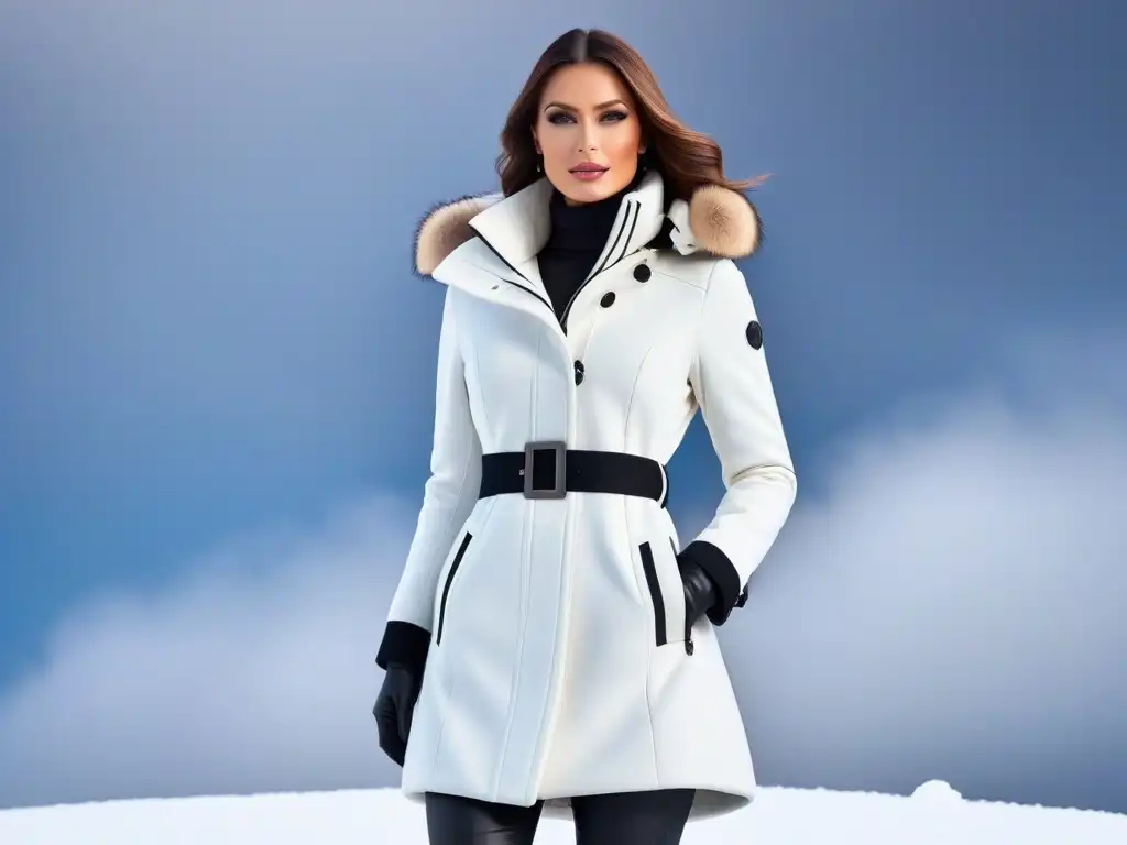 Abrigo de invierno vegano: elegancia y calidez en la nieve Compra abrigos veganos invierno: Abrigo moderno con detalles sutiles, cinturón elegante y cuello alto, en fondo nevado