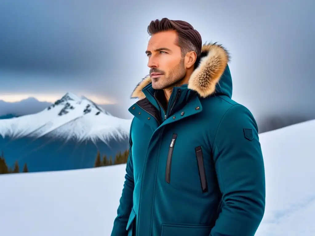 Abrigo de invierno sostenible: lujo y calidez en la montaña Compra abrigos veganos invierno: Abrigo moderno de lujo, sostenible y cruelty-free, con detalles de costura, capucha y montañas nevadas al fondo
