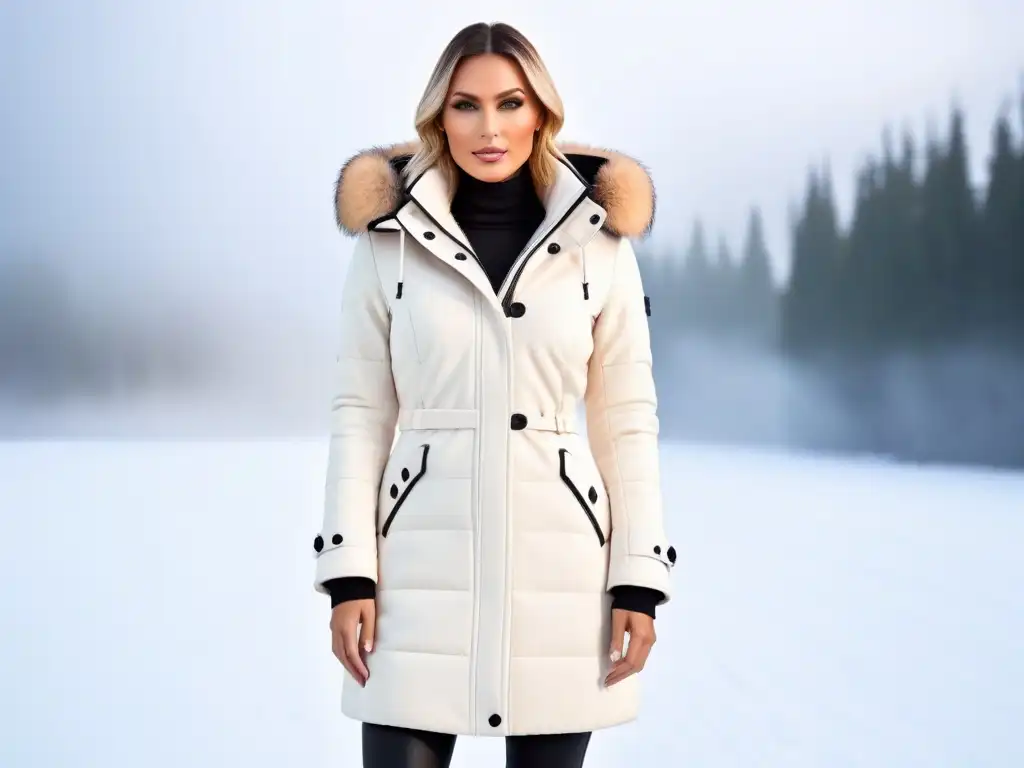Chaqueta de invierno vegana: diseño moderno y elegante Compra abrigos veganos invierno: Elegante abrigo moderno con detalles en hilo y forro de piel sintética, en la nieve