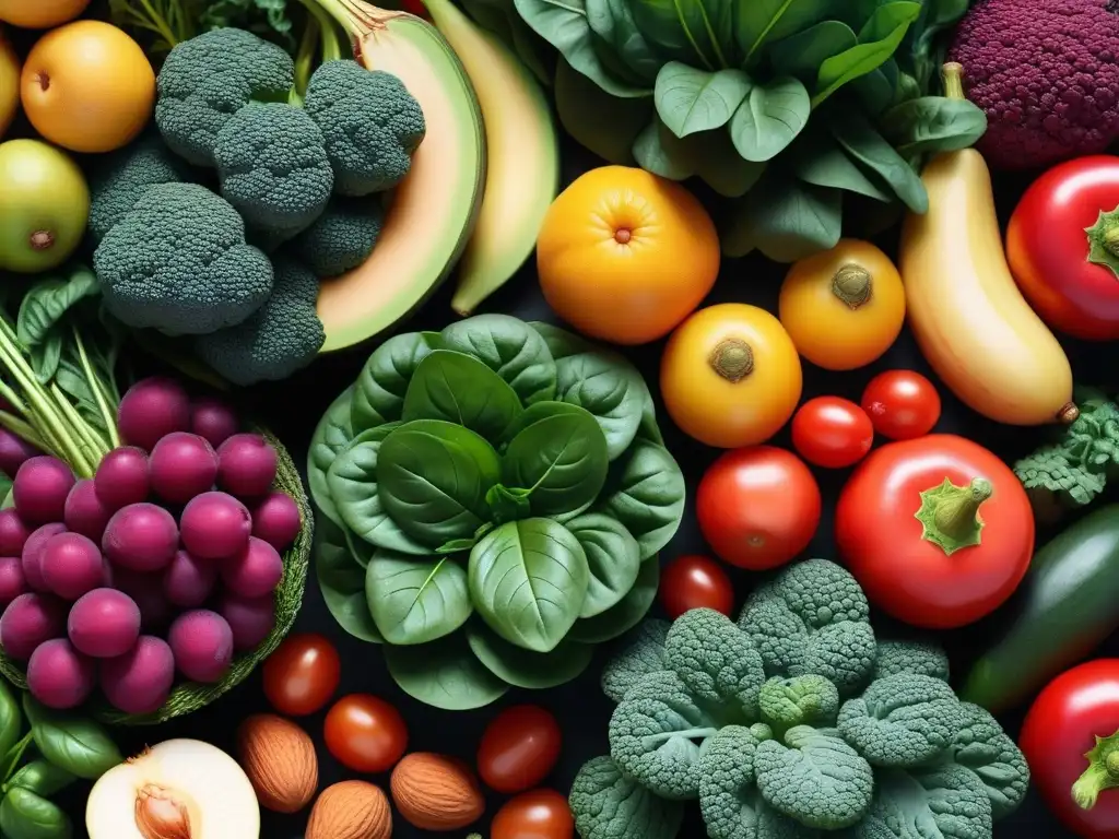 Abundante variedad de frutas y verduras coloridas ricas en minerales traza, destacando la importancia en dieta vegana