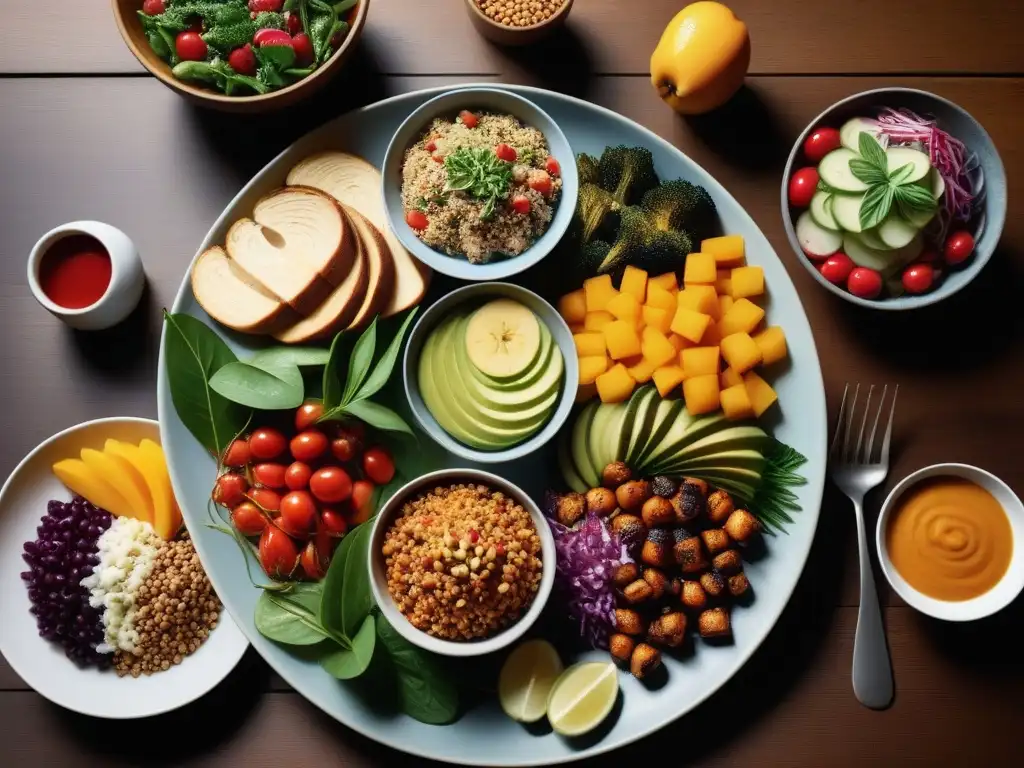 Una abundante y vibrante comida vegetal en mesa de madera minimalista