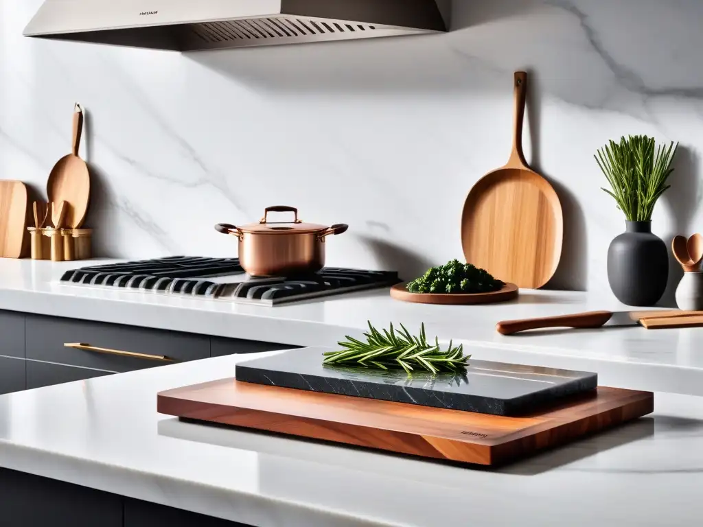 Accesorios de lujo cocina vegana en elegante encimera de cocina moderna con cuchillos, tablas y utensilios de madera y cobre