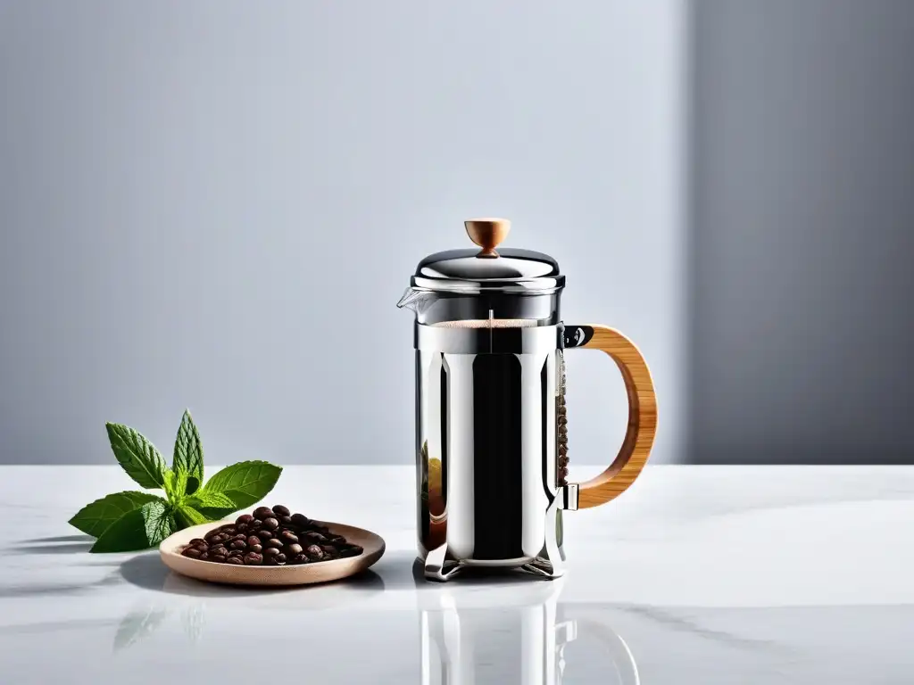 Accesorios de lujo cocina vegana: French press de acero inoxidable en mármol con café y menta