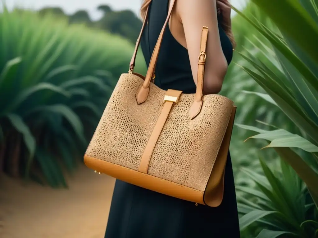 Accesorios veganos sostenibles tendencia: Bolso elegante de corcho con detalles dorados en ambiente ecofriendly