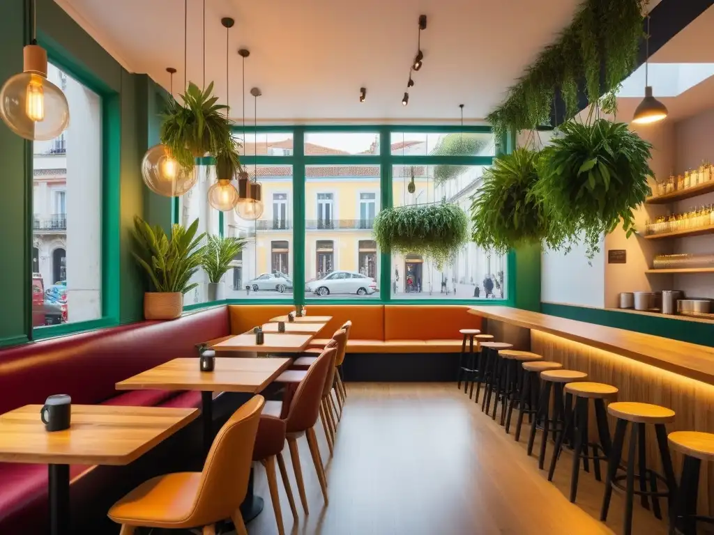 Un acogedor café vegano en Lisboa con muebles de madera, plantas verdes y deliciosos platillos coloridos