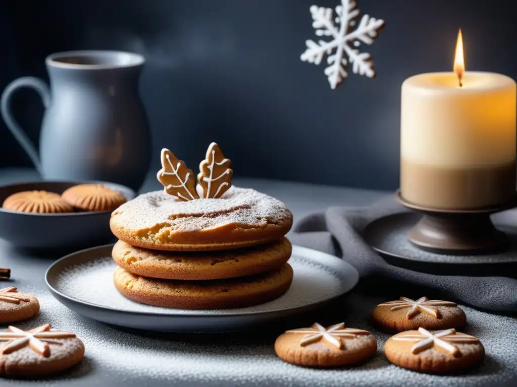 Un acogedor rincón de cocina nórdica con postres veganos de invierno exquisitamente decorados