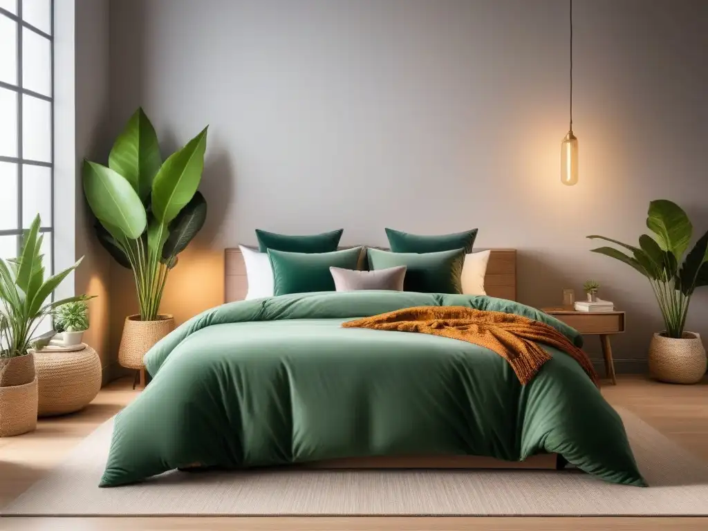 Un acogedor dormitorio moderno con iluminación suave y una cama acogedora con almohadas veganas y una manta cálida