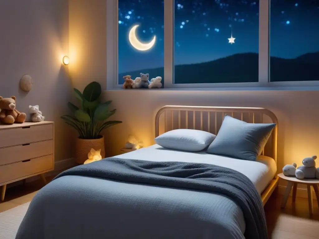 Acogedora habitación vegana con cuna ecofriendly, iluminada por luz nocturna