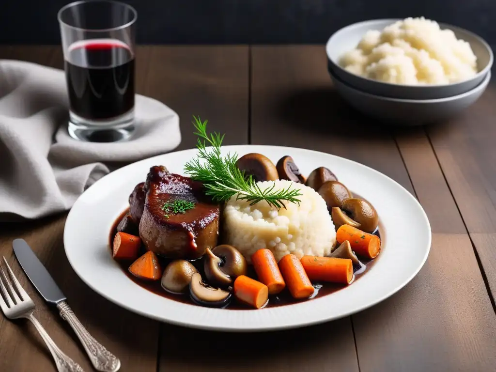 Una adaptación vegana de platos franceses: exquisito Coq au Vin con seitan, champiñones, cebollas, zanahorias y puré de papas