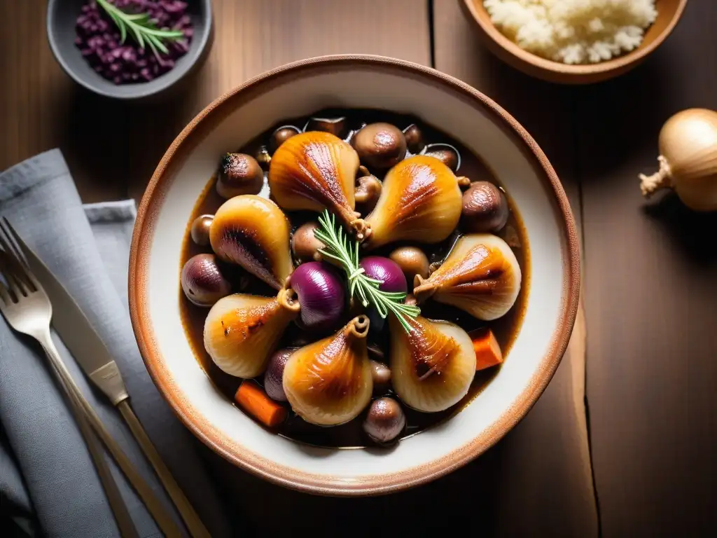 Una adaptación vegana de platos franceses: Coq au Vin vegano servido en un plato de cerámica francés, rodeado de ingredientes tradicionales