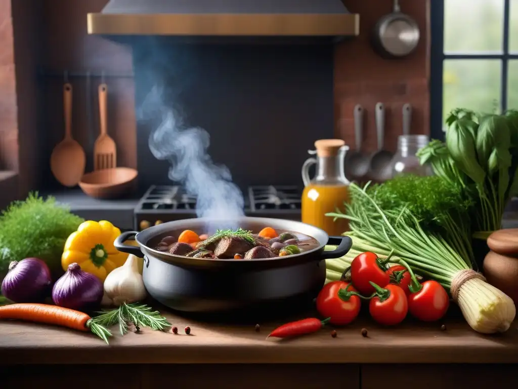 Una adaptación vegana de platos franceses: Cocotte de pollo al vino con hierbas frescas y vegetales coloridos en una cocina rústica iluminada