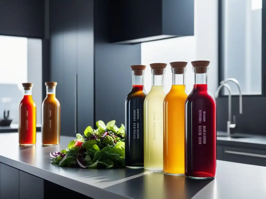 Aderezos veganos innovadores para ensaladas en botellas coloridas en una cocina moderna y elegante