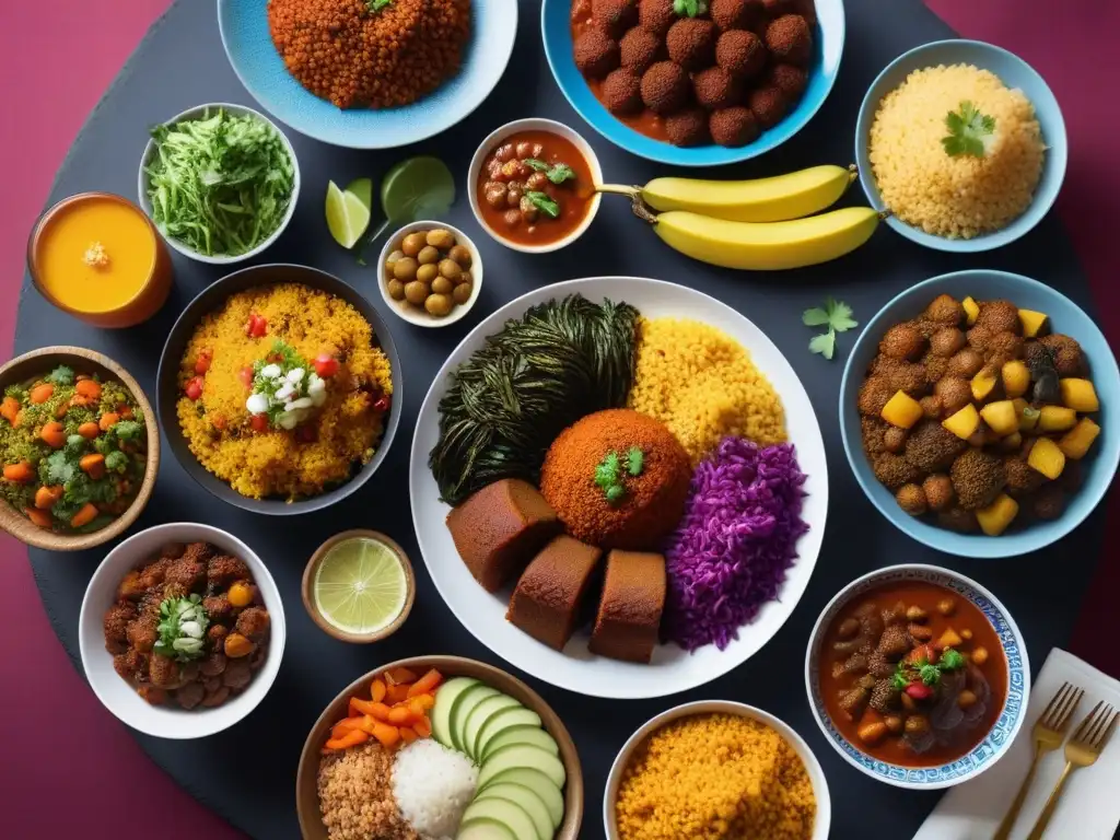 Un festín africano vegano saludable con jollof rice, plátano, injera y verduras frescas