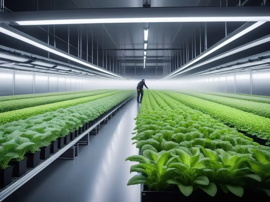 Agricultura vertical vegana sostenible: instalación futurista con trabajadores cultivando plantas bajo luces LED especializadas