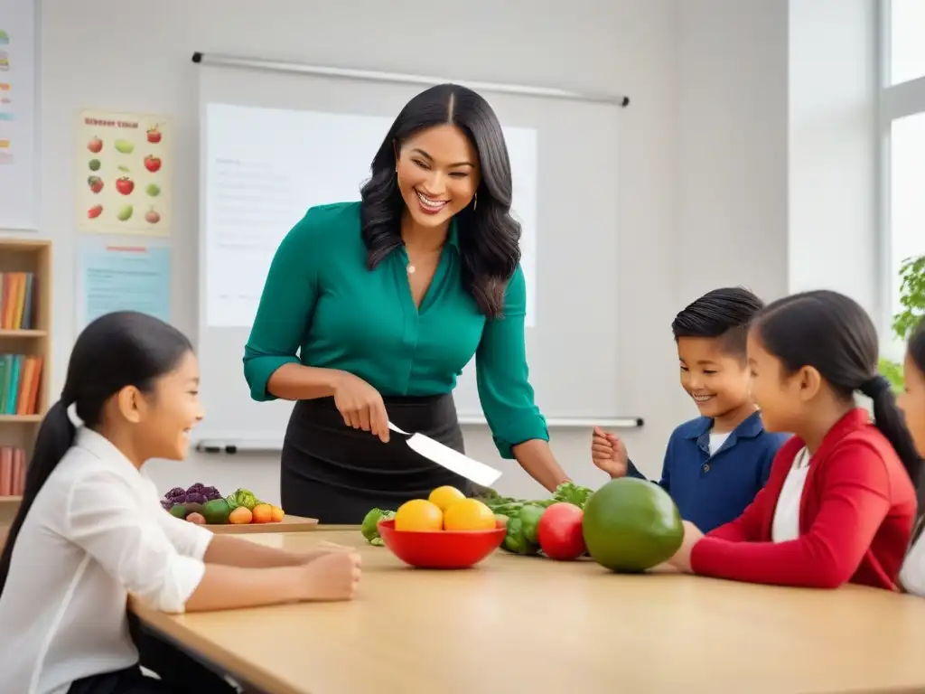 Una alegre clase de educación vegana en escuelas con estudiantes diversos aprendiendo sobre nutrición y sostenibilidad en un aula moderna y luminosa