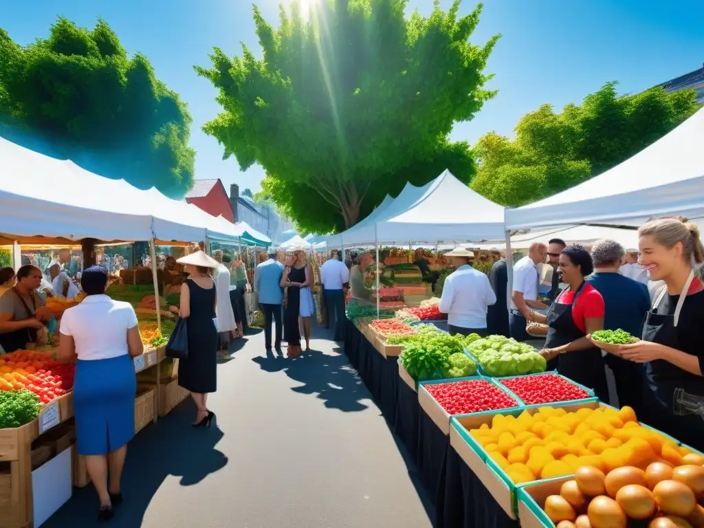 Un alegre mercado de agricultores con emprendedores veganos vendiendo productos orgánicos bajo un cielo azul brillante