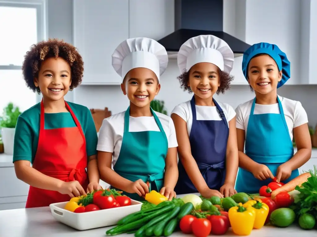 Taller de cocina vegana: niños felices cocinando juntos Alegre taller de cocina vegana para niños de diversas etnias cocinando juntos en una cocina moderna y luminosa