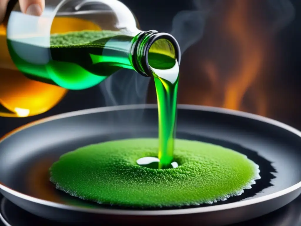 Algae oil verde vibrante se vierte de una botella moderna a una sartén caliente, creando una sizzle y vapor hermosos