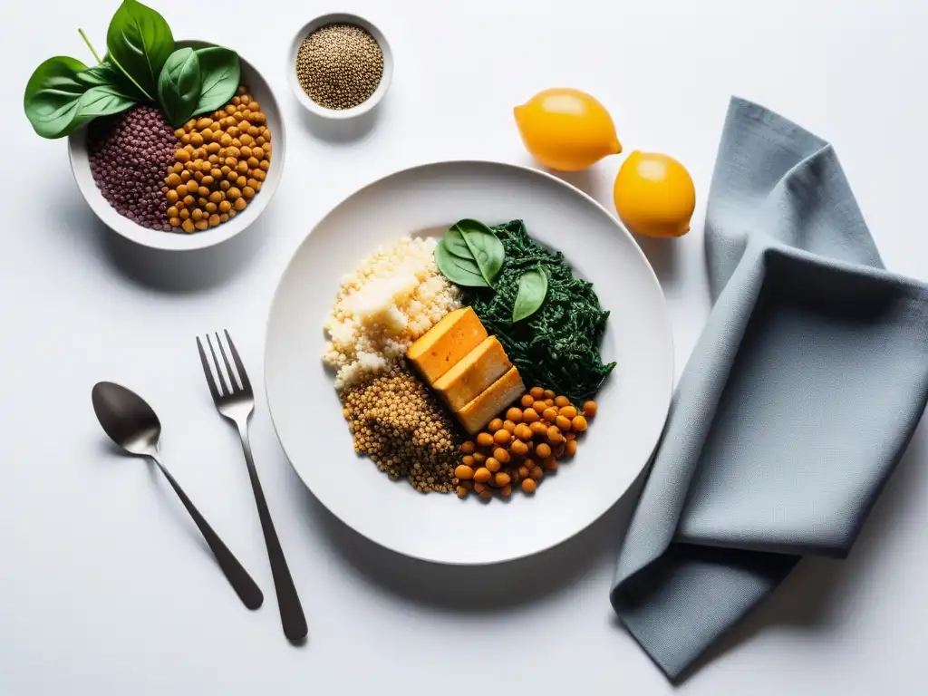 Alimentos veganos ricos en hierro: una explosión de color y frescura en un plato blanco elegante