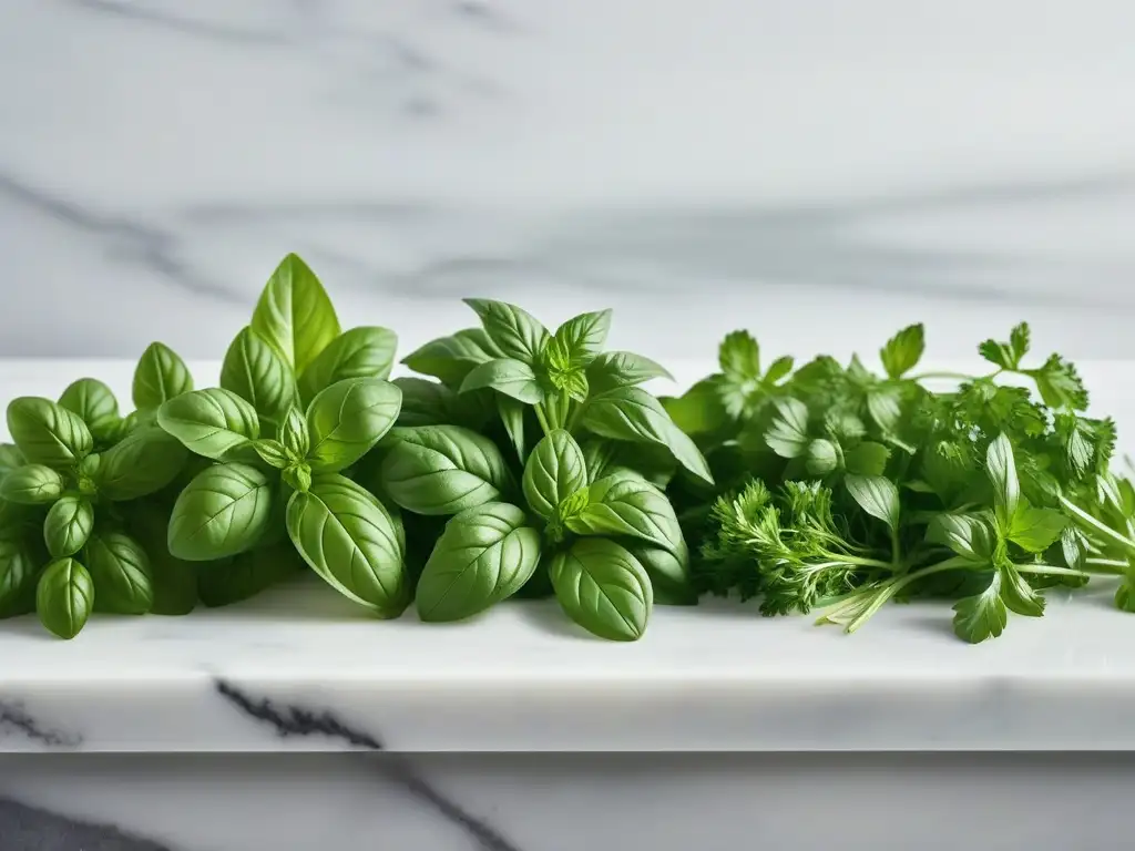 Aliños veganos sorprendentes: hierbas frescas y vibrantes sobre mármol, con gotas de agua que realzan su frescura y elegancia