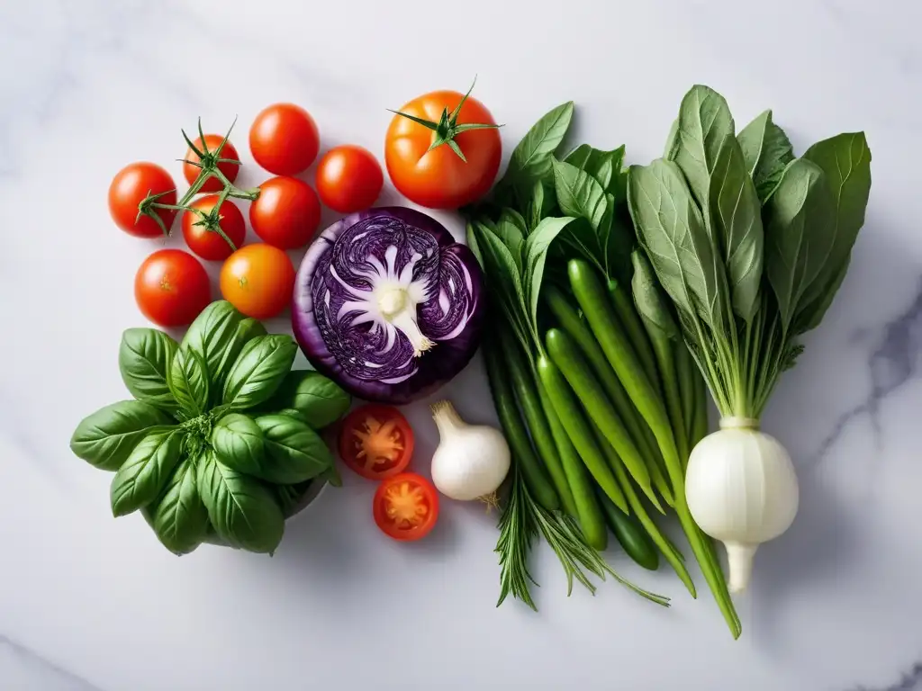 Aliños veganos sorprendentes: variedad de verduras y hierbas coloridas en mármol blanco