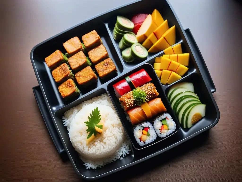 Deléitate con un almuerzo exótico asiático: un vibrante bento vegano con sushi, tofu y arroz pegajoso de mango, presentado de forma elegante