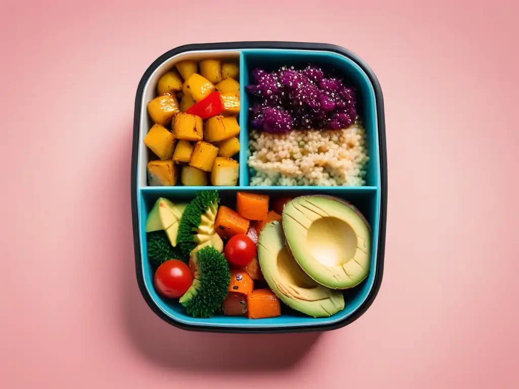 Un almuerzo vegano sin aceite artísticamente presentado en una caja bento con opciones coloridas y variadas