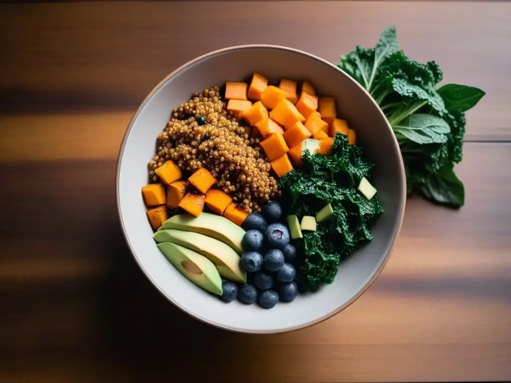 Un almuerzo vegano con superfoods, colorido y apetitoso en un bowl moderno sobre una mesa de madera