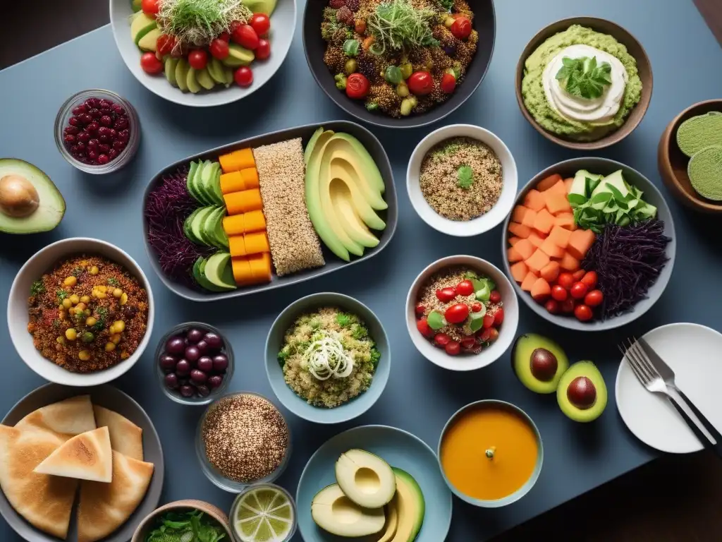 Un almuerzo vegano colorido y apetitoso en una mesa de madera moderna