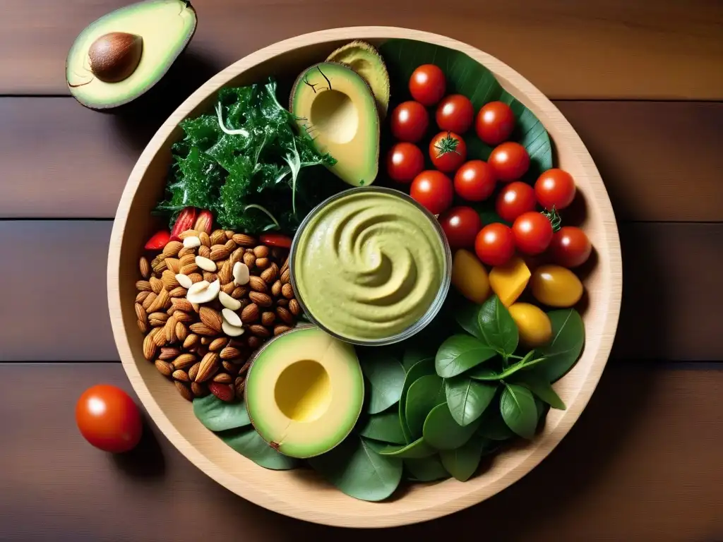 Un almuerzo vegano crudo saludable deslumbra con colores y frescura en una mesa de madera moderna