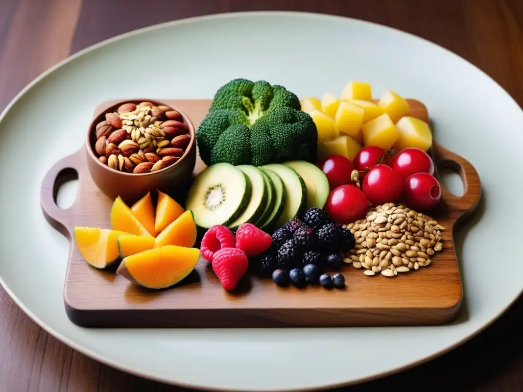 Un almuerzo vegano crudo saludable, lleno de color y frescura en una tabla de madera
