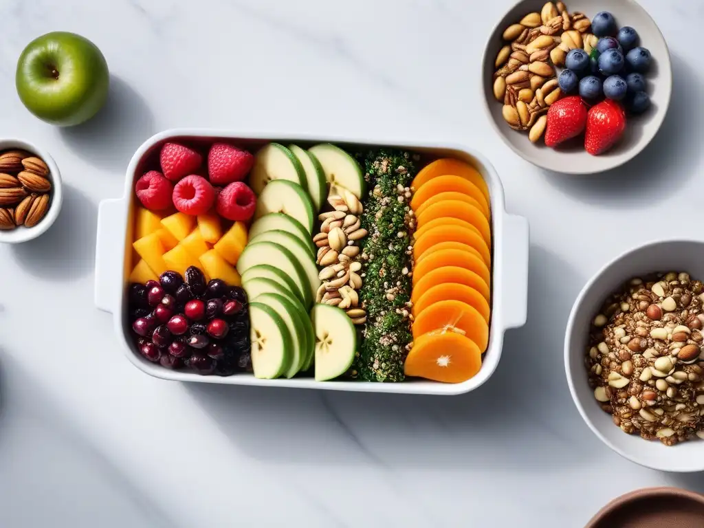 Un almuerzo vegano crudo saludable con frutas y verduras frescas en una elegante encimera de mármol