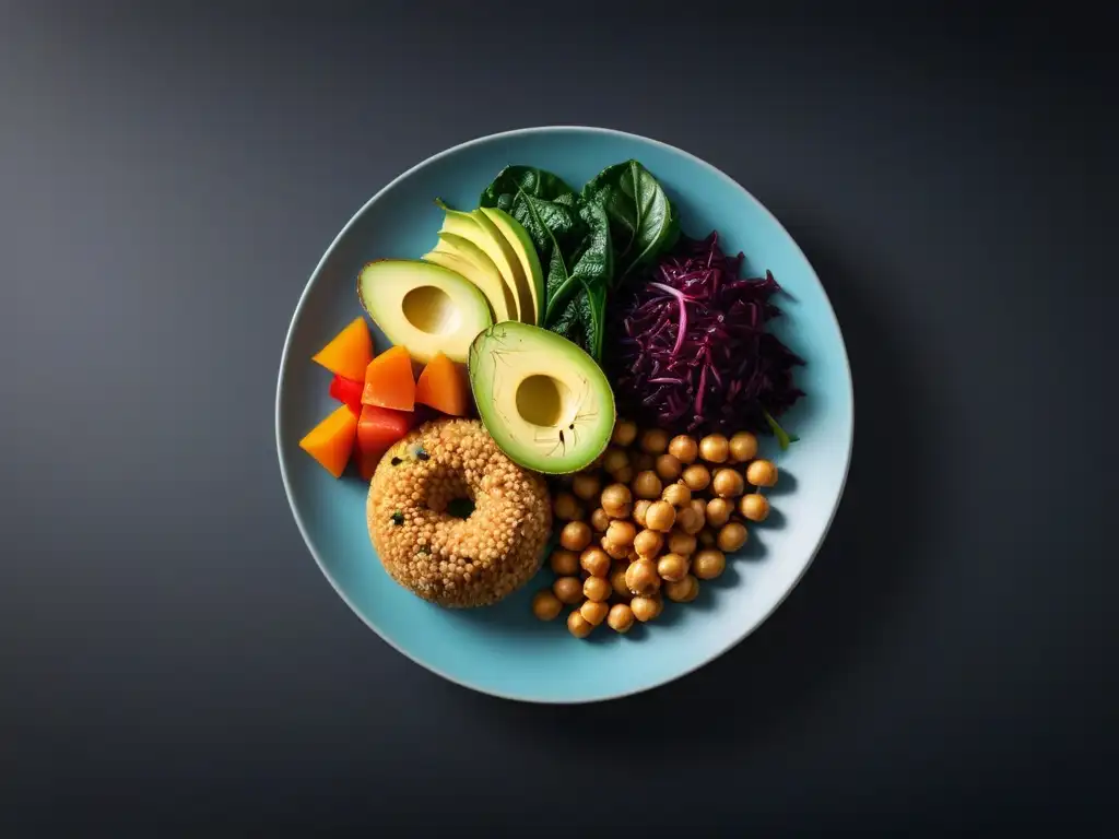 Un almuerzo vegano equilibrado con quinoa, garbanzos, aguacate y vegetales asados, destacando la armonía de macronutrientes