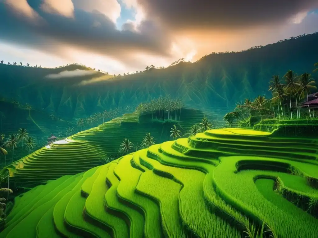 Un amanecer dorado ilumina las terrazas de arroz de Bali