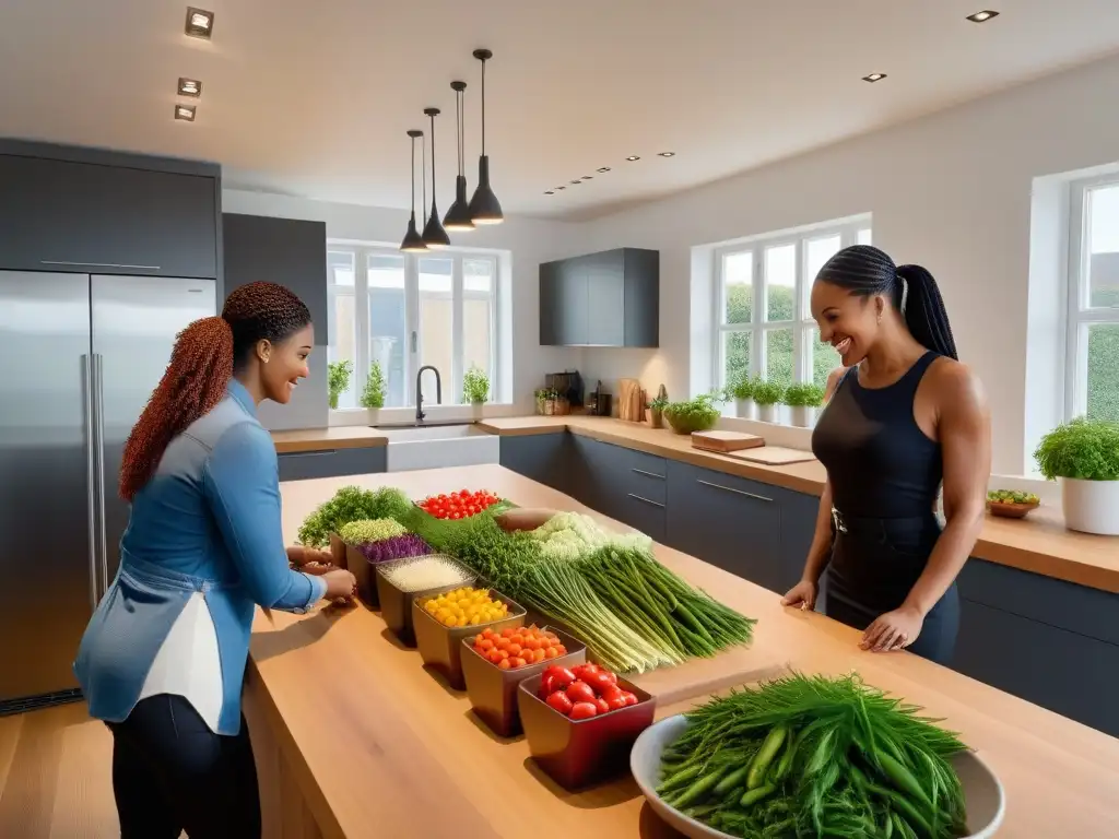 Un ambiente acogedor de cocina vegana con variedad de ingredientes frescos organizados en la encimera