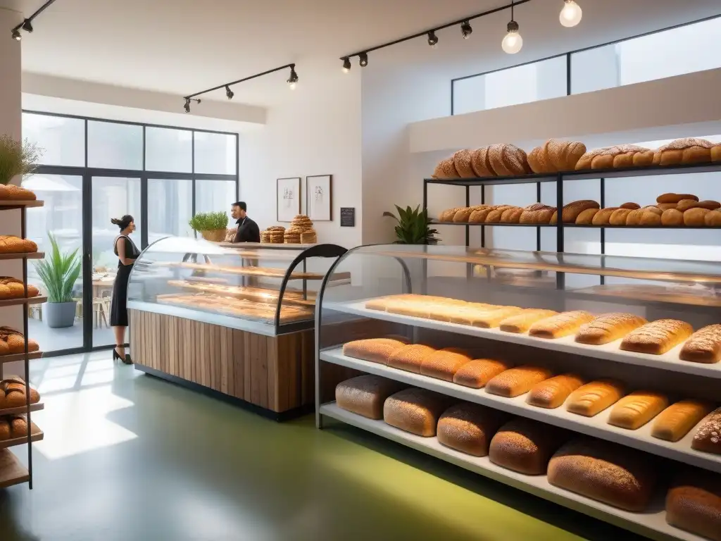 Ambiente acogedor en una panadería vegana europea con decoración minimalista y coloridos pasteles veganos