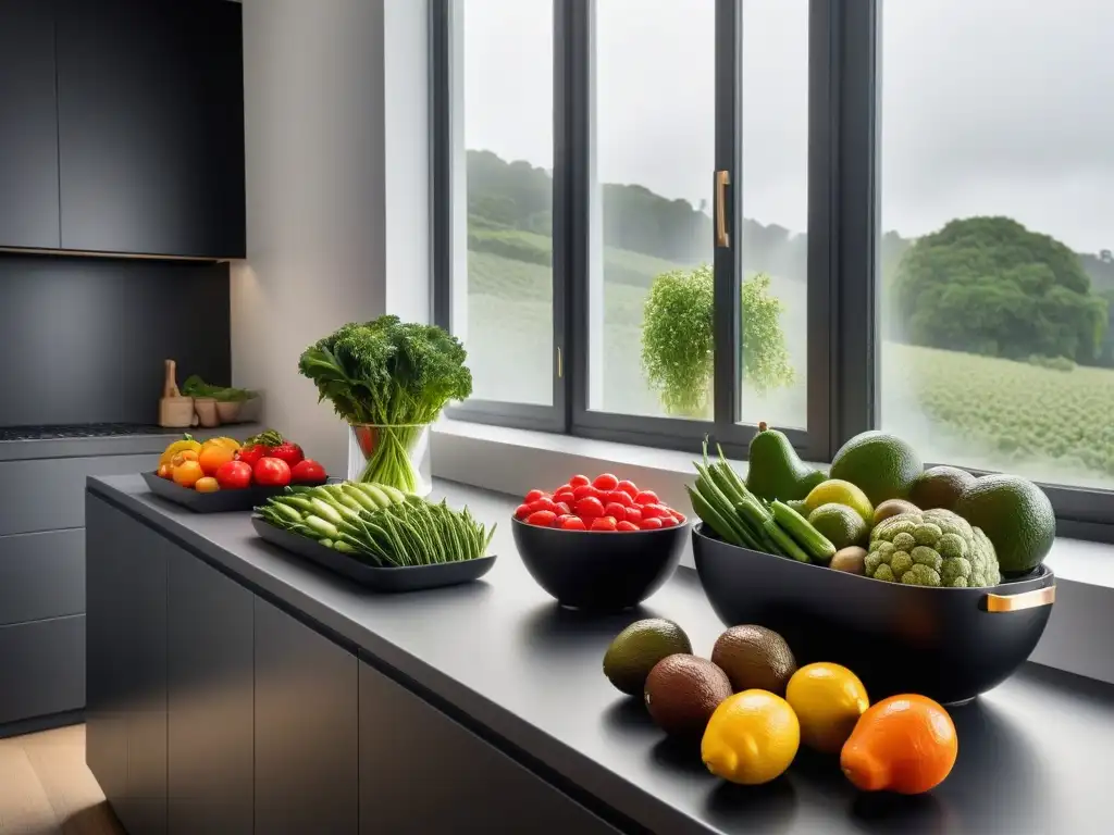 Cocina minimalista con ingredientes frescos y elegancia culinaria Un ambiente de cocina minimalista con ingredientes frescos y coloridos