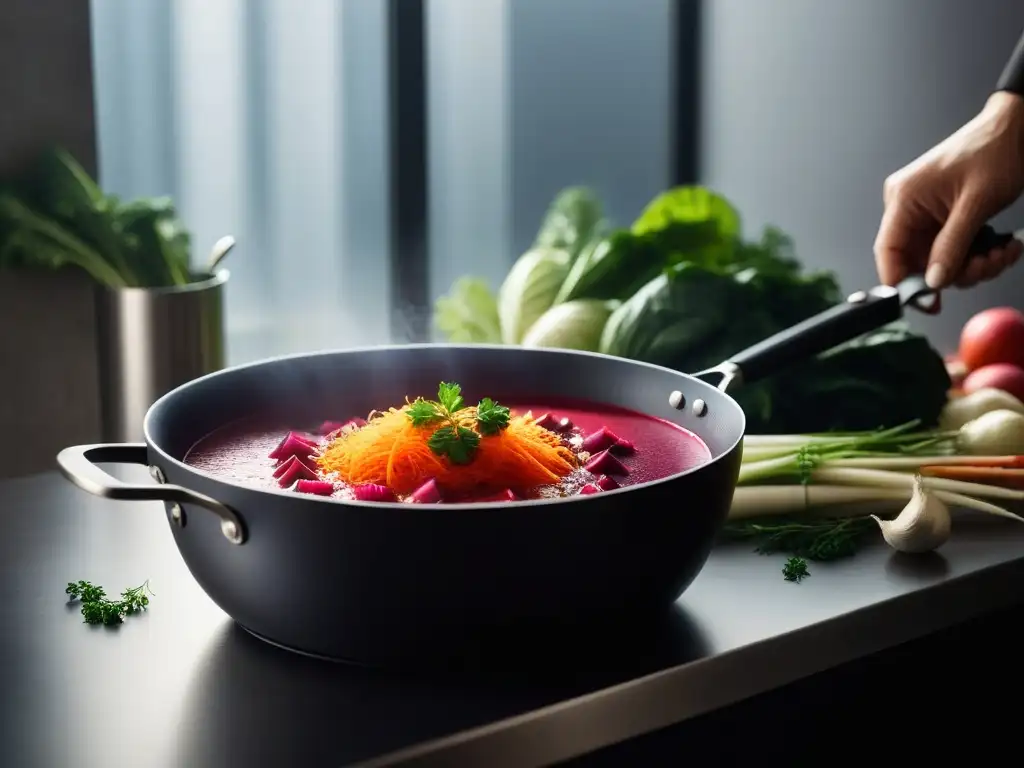 Un ambiente de cocina moderna y vibrante, con un Borsch vegano receta fácil, cortando vegetales frescos con destreza