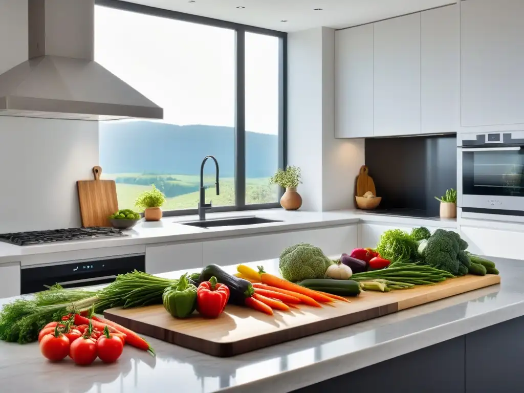 Un ambiente de cocina moderno y luminoso, con vegetales frescos y coloridos en la encimera