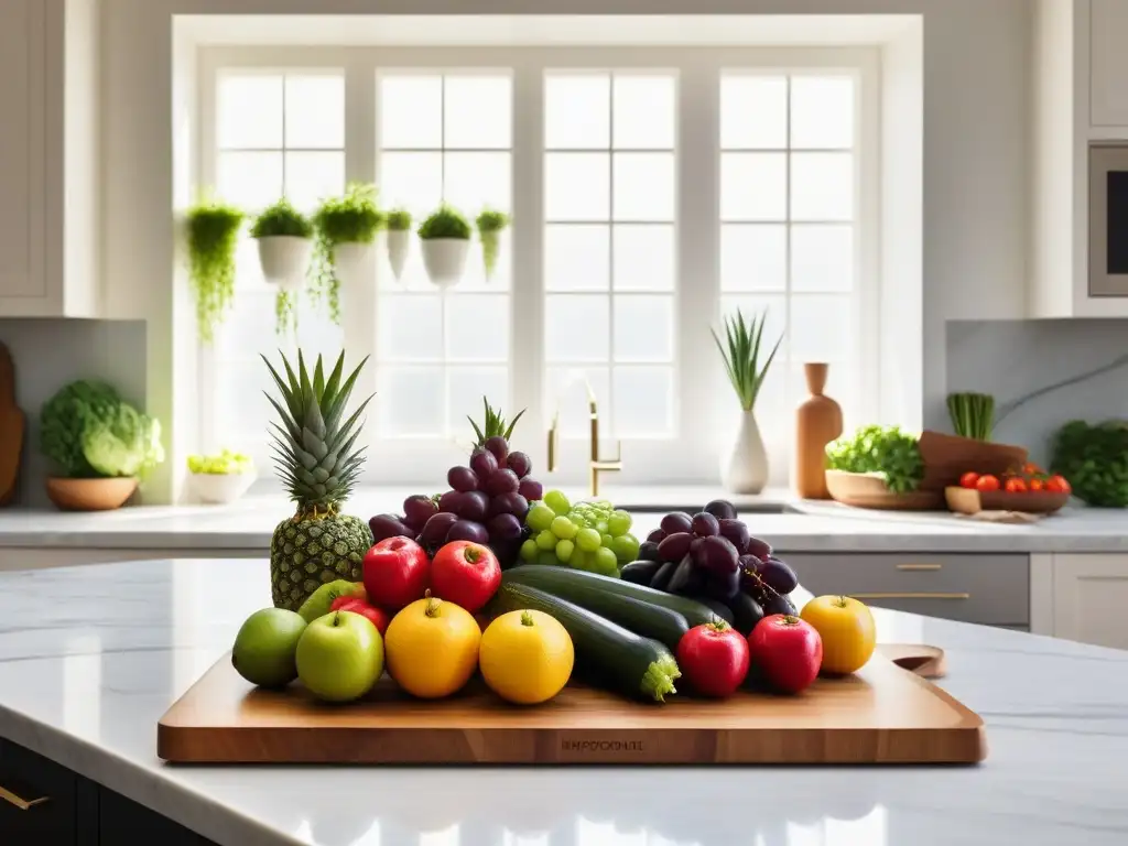 Un ambiente de cocina sereno y moderno con una encimera de mármol, frutas y verduras coloridas, utensilios y luz natural