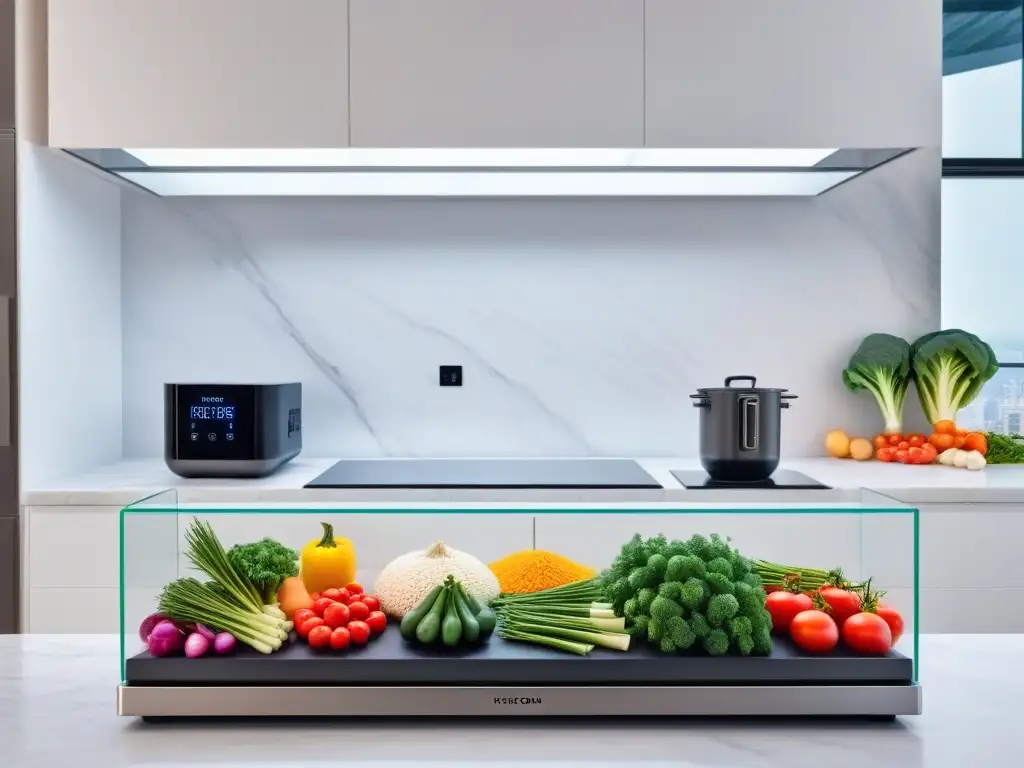 Un ambiente de cocina vegana avanzada con equipamiento moderno y colorida decoración