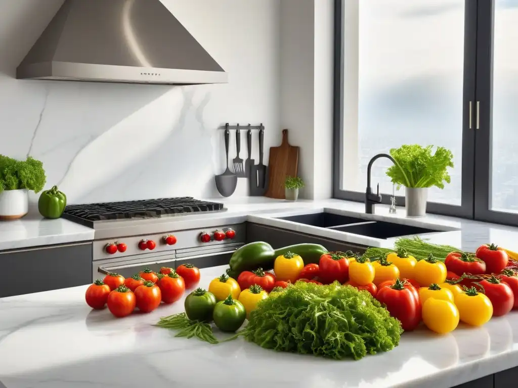 Un ambiente de cocina vibrante y moderno con una colorida variedad de vegetales y frutas frescas en un elegante mostrador de mármol