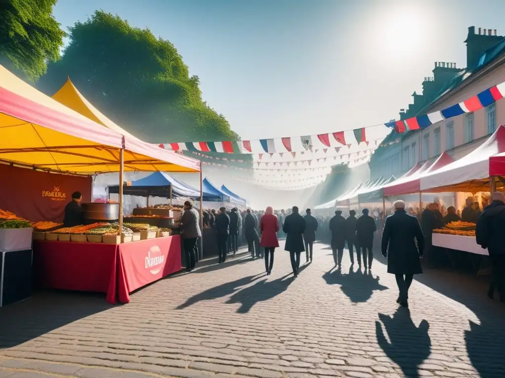 Ambiente festivo con cocina vegana en Europa: coloridos puestos de comida, personas probando platillos y banderas ondeando al atardecer