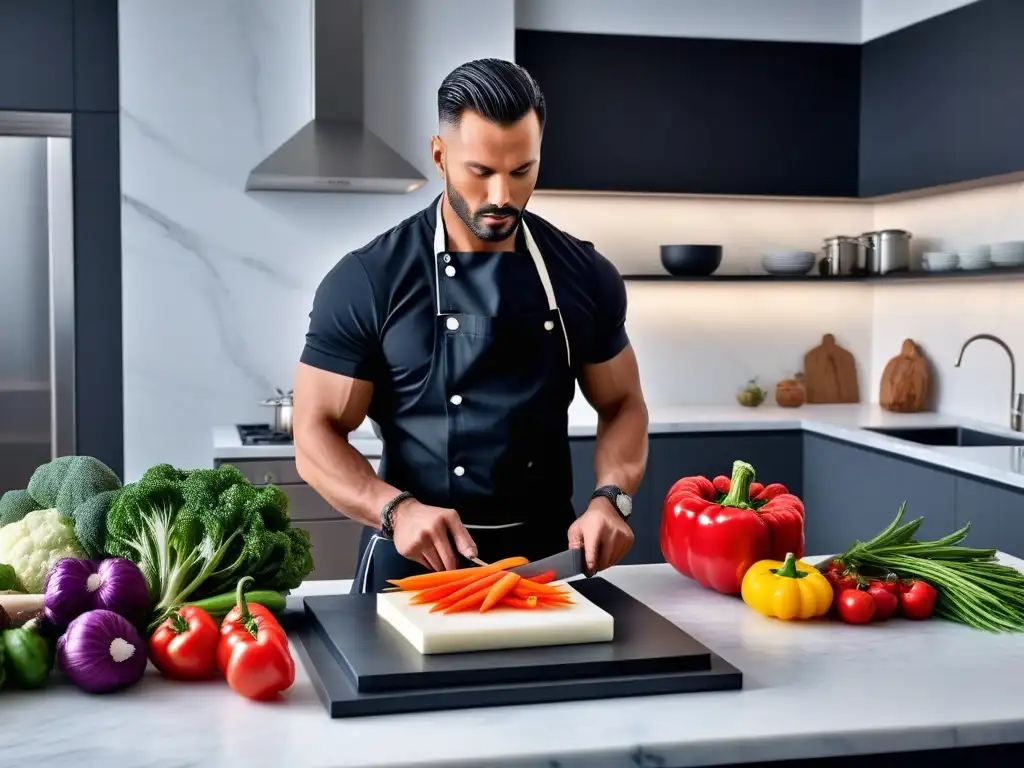 Un ambiente minimalista y chic en una cocina moderna con verduras coloridas, un cuchillo y libros de 'Recetas veganas cenas rápidas'