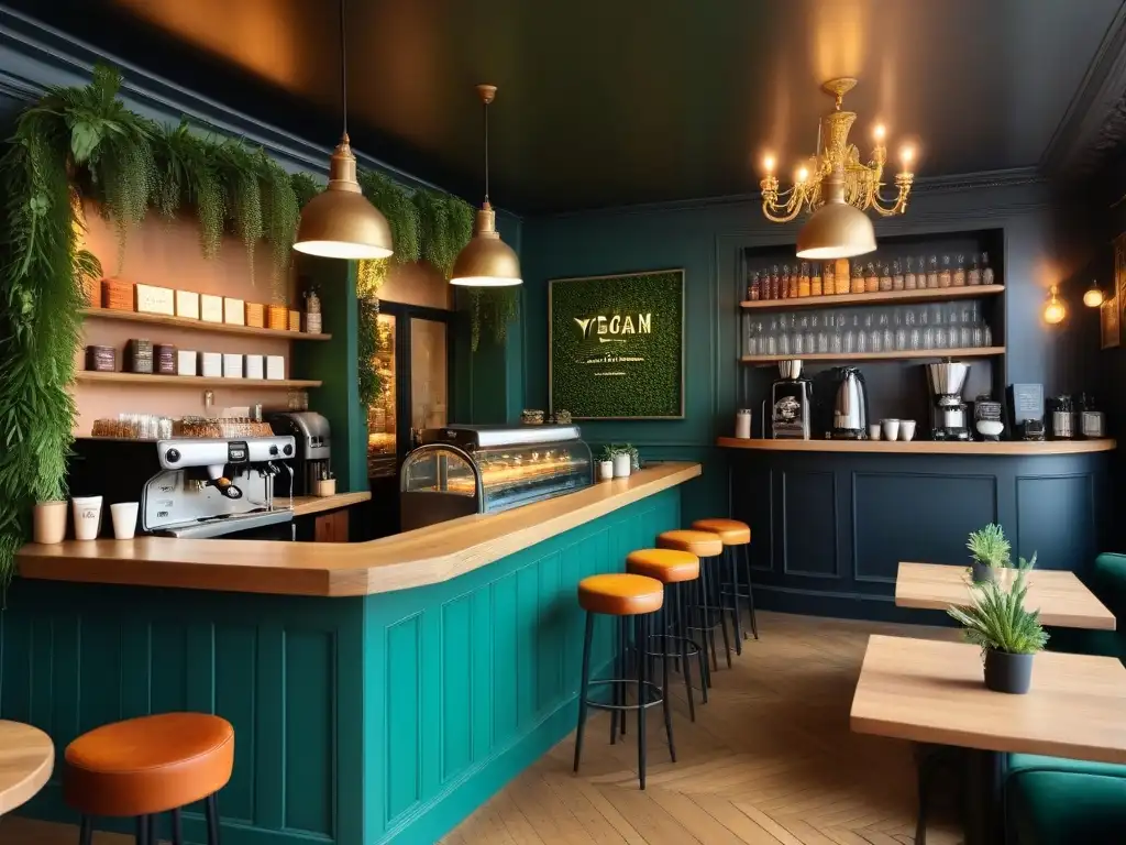 Café vegano en París: ambiente chic con delicias veganas Ambiente parisino en un acogedor café vegano con decoración elegante y deliciosa gastronomía vegana en París