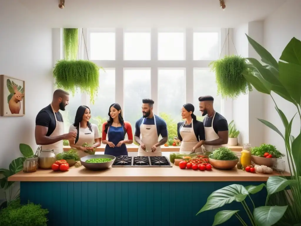 Un ambiente vibrante y acogedor en una cocina vegana, donde personas diversas cocinan juntas rodeadas de plantas verdes y animales curiosos