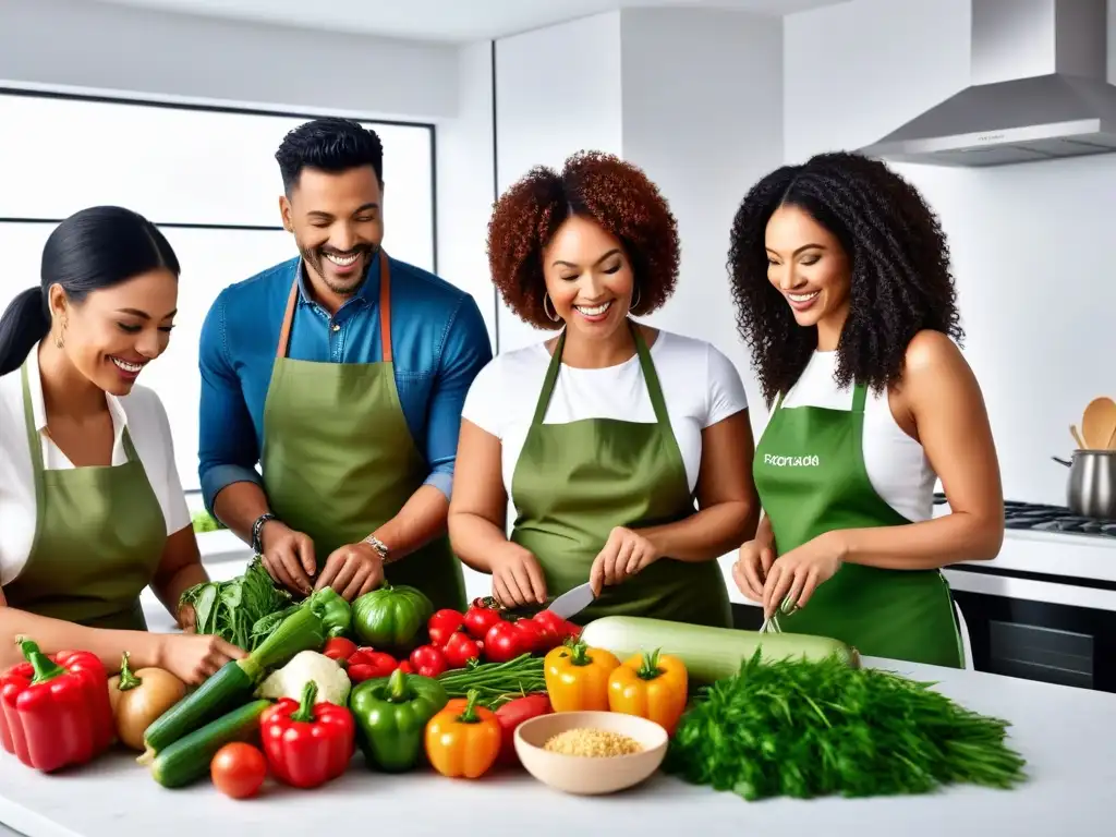 Un ambiente vibrante y acogedor en una cocina llena de diversidad, con personas felices preparando alimentos frescos