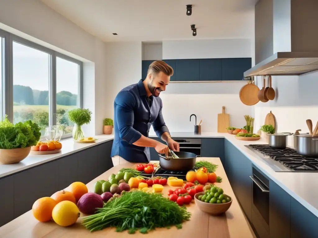 Un ambiente vibrante y moderno donde un grupo diverso cocina con alegría en una cocina amplia y soleada llena de frutas, verduras y hierbas coloridas