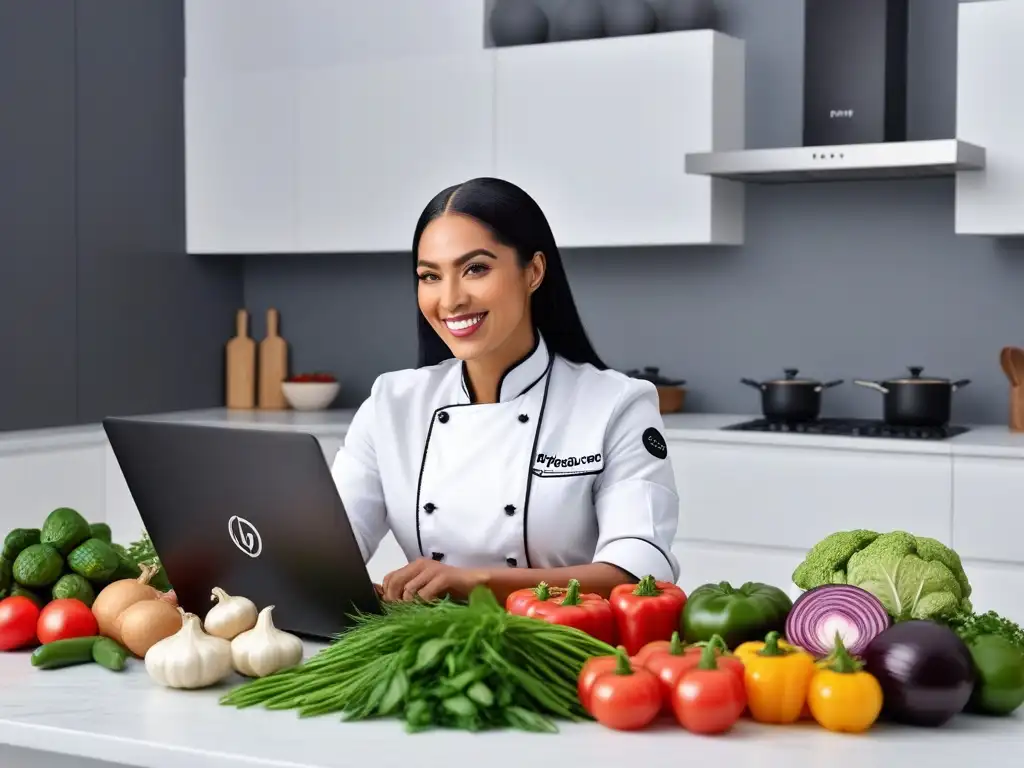 Un ambiente vibrante y moderno con personas de diversas edades y etnias disfrutando de un curso virtual de cocina vegana